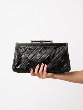 Vintage 1970s Jane Shilton black leather clutch bag with gold chain strap